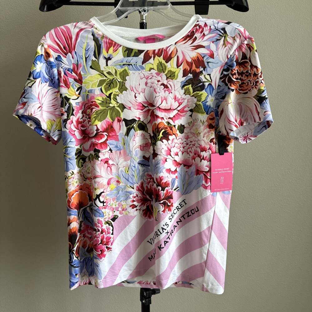 Victorias Secret X Mary Katrantzou Size XS Pink Multicolored Floral Tee -New